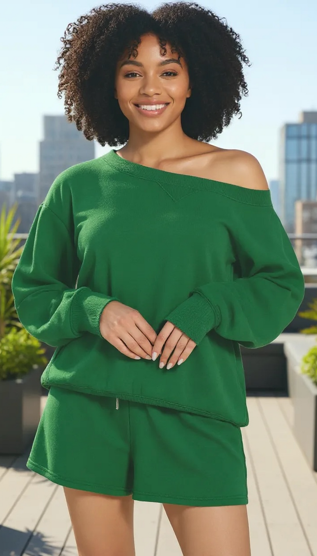 Fleece Boat Neck Sweatshirt and Shorts Set (DK Green)