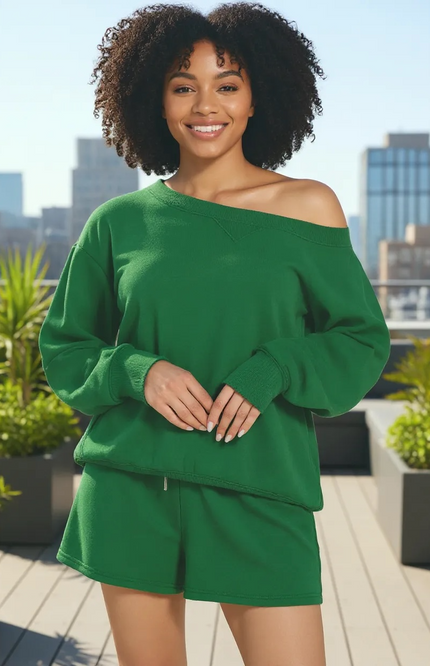 Fleece Boat Neck Sweatshirt and Shorts Set (DK Green)