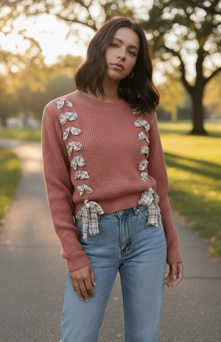Lace-Up Plaid Statement Sweater - Rust