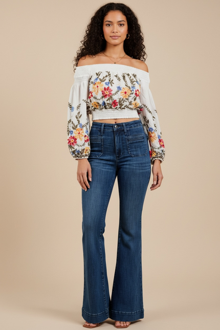 Floral Embroidered Off-the-Shoulder Crop Top