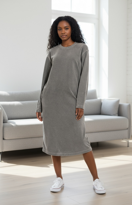 Chic Soft Fleece Pigment Dye Sweatshirts Dress - Ash Black
