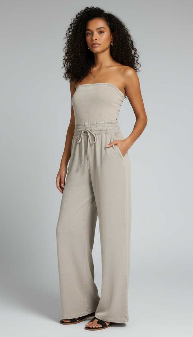 Unmatched Acid Wash Strapless Tube Jumpsuit - Sleet