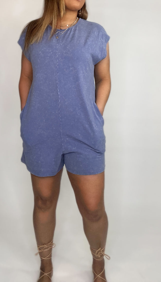 Round Neck Cap Sleeve Relaxed Fit Breezy Romper - Dusty Blue