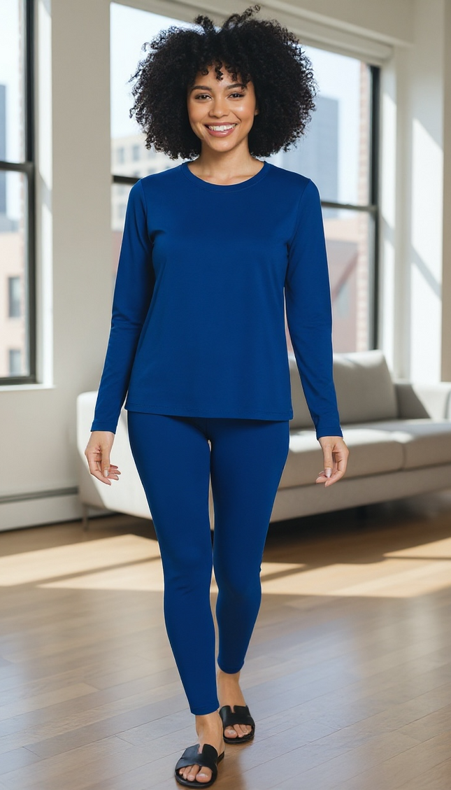 Microfiber Round Neck Top and Leggings Set - Navy