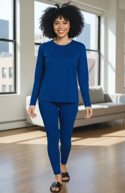 Microfiber Round Neck Top and Leggings Set - Navy