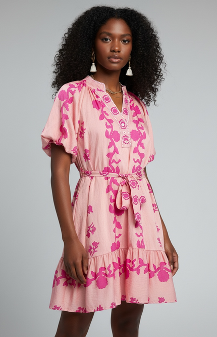Spring Floral Bohemian Mini Dress - Pink