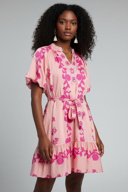 Spring Floral Bohemian Mini Dress - Pink