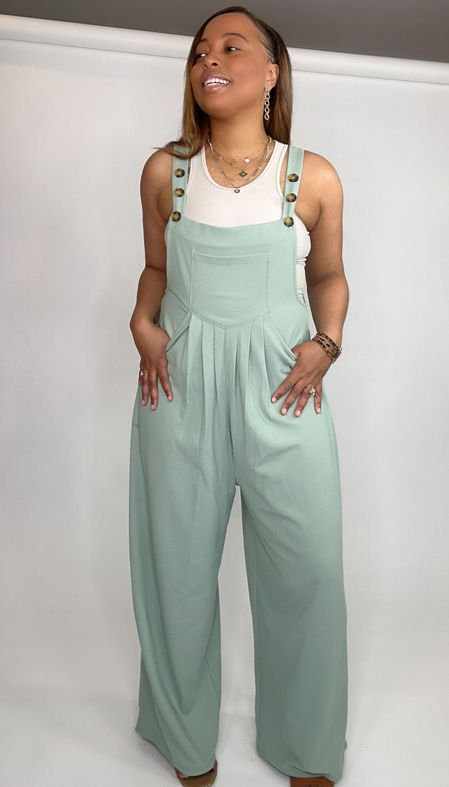 Wide Strap Overalls with Pleated Front Detail and Pockets - Gum Leaf