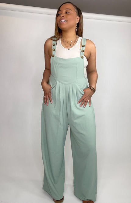Wide Strap Overalls with Pleated Front Detail and Pockets - Gum Leaf