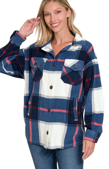 Oversized Plaid Fleece Shacket - Navy