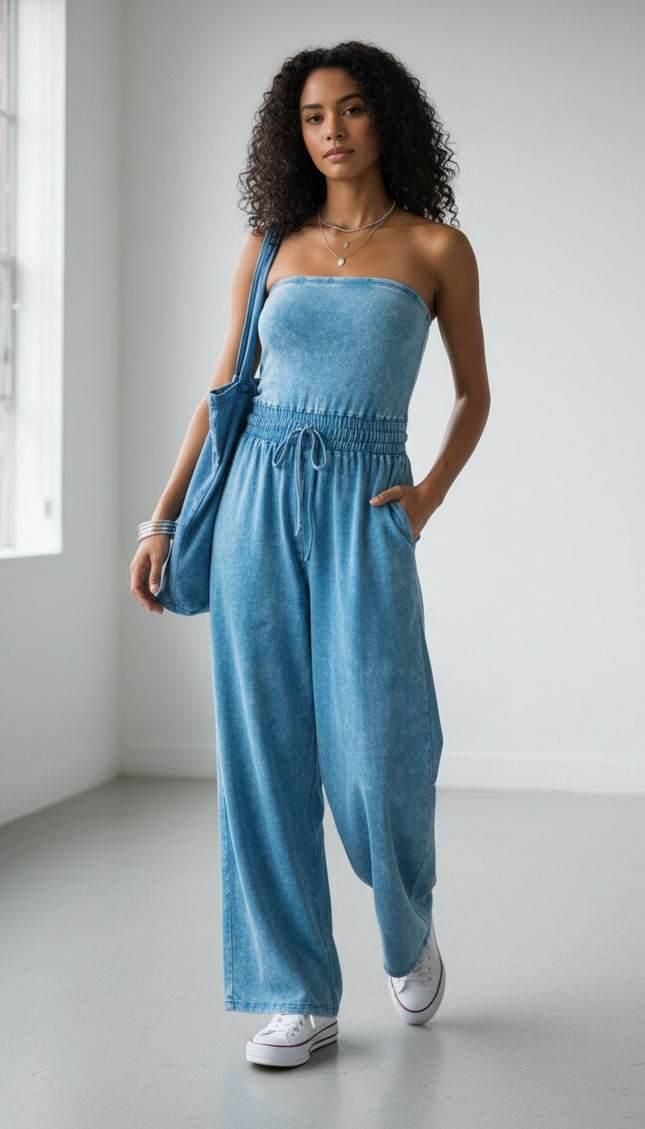 Unmatched Acid Wash Strapless Tube Jumpsuit - Sky