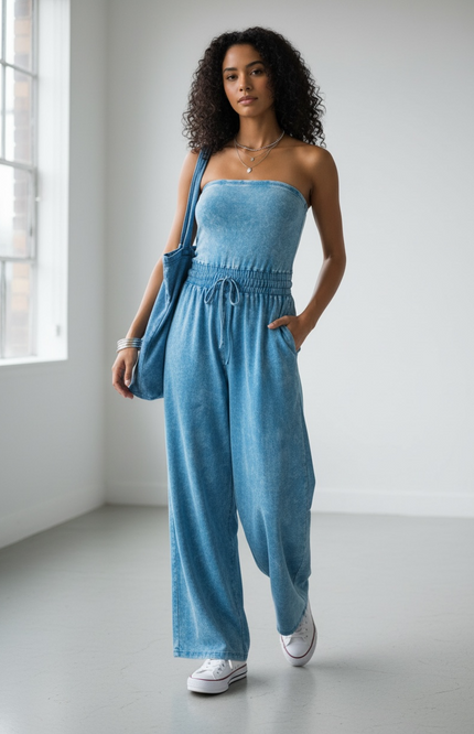 Unmatched Acid Wash Strapless Tube Jumpsuit - Sky