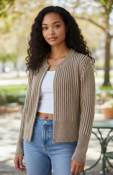 Ribbed Sweater Cardigan - Brown