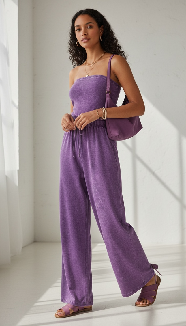 Unmatched Acid Wash Strapless Tube Jumpsuit - Violet