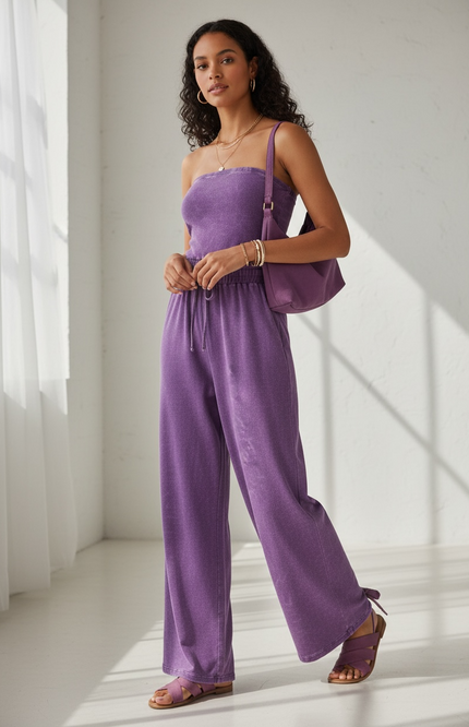 Unmatched Acid Wash Strapless Tube Jumpsuit - Violet
