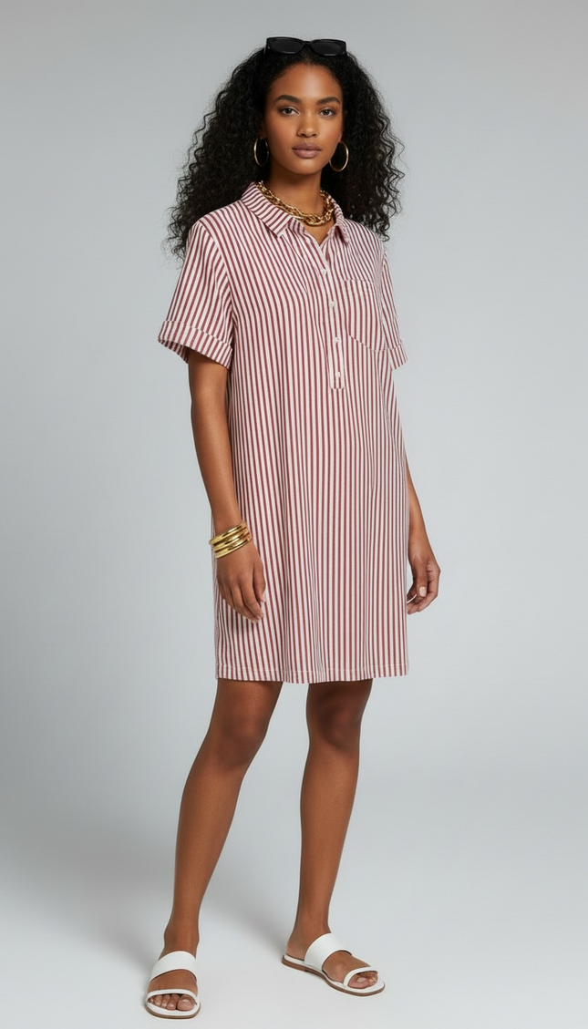 The Stripe Collared Half Button-Up T-Shirts Dress - Ruby Red
