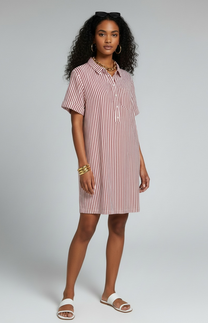 The Stripe Collared Half Button-Up T-Shirts Dress - Ruby Red