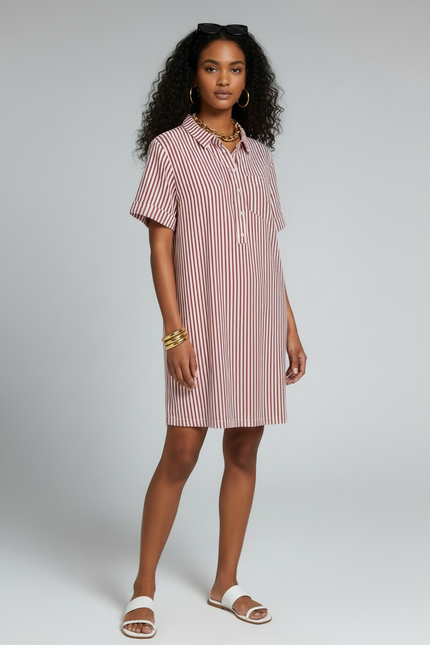The Stripe Collared Half Button-Up T-Shirts Dress - Ruby Red