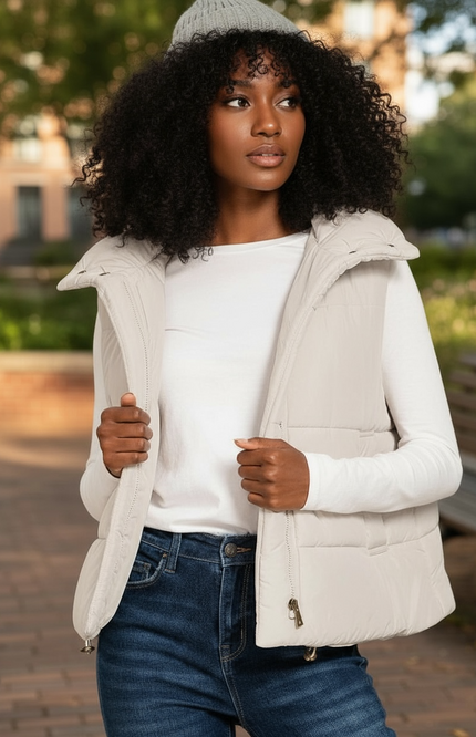 High Neck Zip-Up Vest Coat - Sand Beige