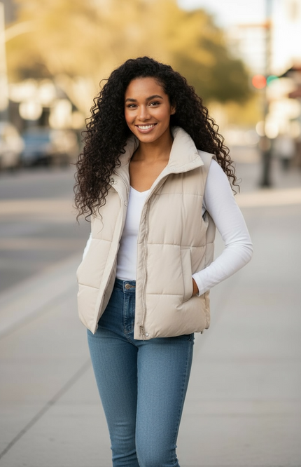 High Neck Zip-Up Vest Coat - Sand Beige