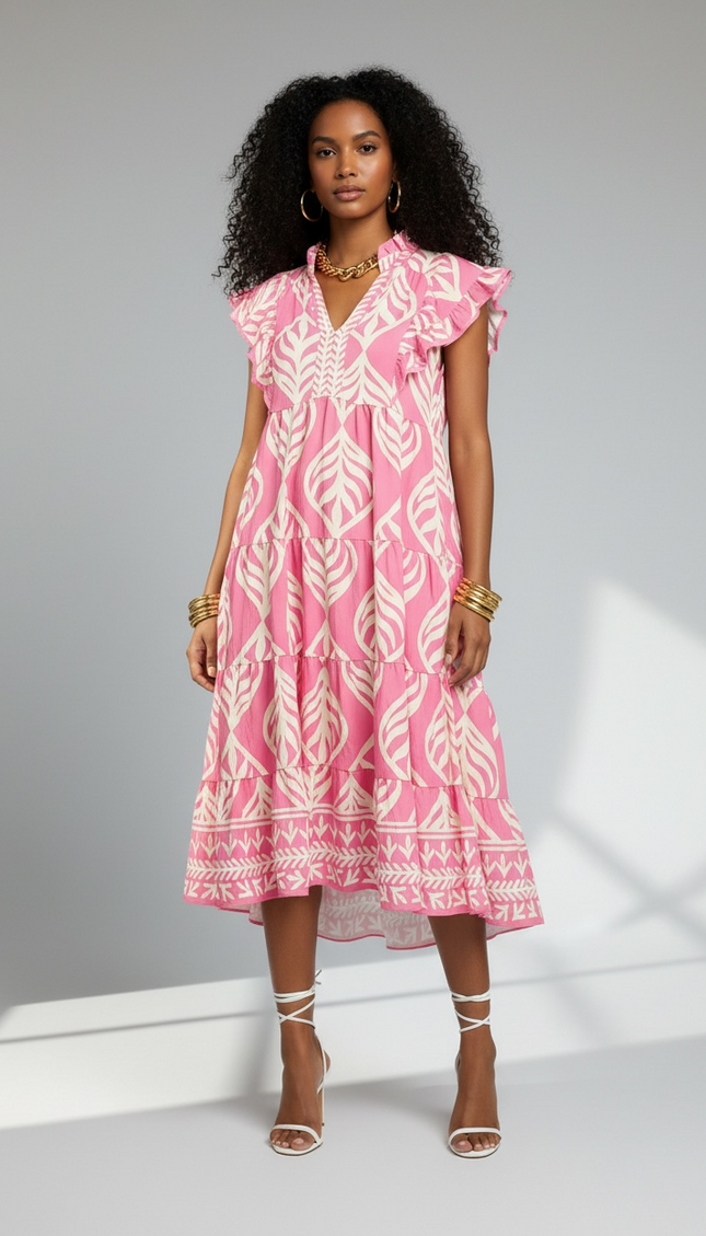 Leaf Print Ruffle Tiered Midi Dress - Peony