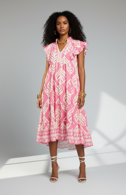 Leaf Print Ruffle Tiered Midi Dress - Peony
