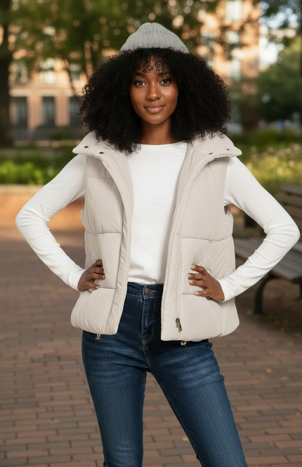 High Neck Zip-Up Vest Coat - Sand Beige