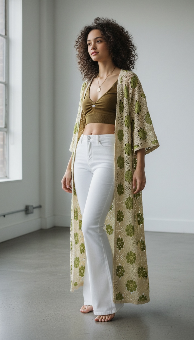 Bohemian Bloom Crochet Cardigan (Natural/Olive)