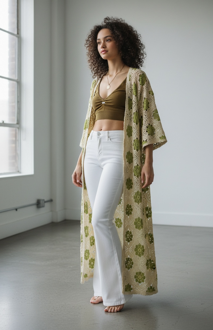 Bohemian Bloom Crochet Cardigan (Natural/Olive)