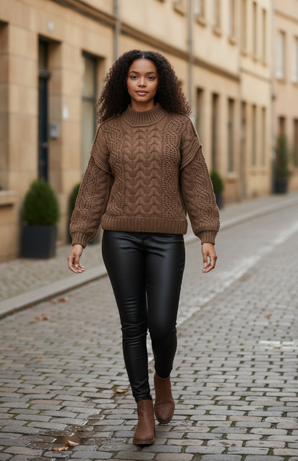 Cozy Cable-Knit Ribbed Turtleneck Sweater - Brown