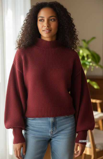 Chic Balloon Sleeve Mock Neck Sweater - Cabernet