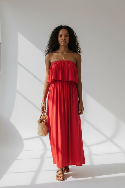 Breezy Elegance Strapless Maxi Dress - Ruby
