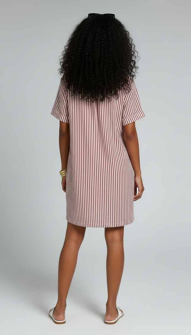 The Stripe Collared Half Button-Up T-Shirts Dress - Ruby Red