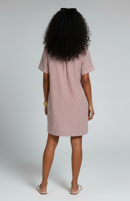 The Stripe Collared Half Button-Up T-Shirts Dress - Ruby Red