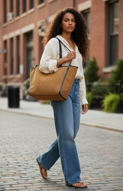 Chic Suede Tote with Faux Leather Trim