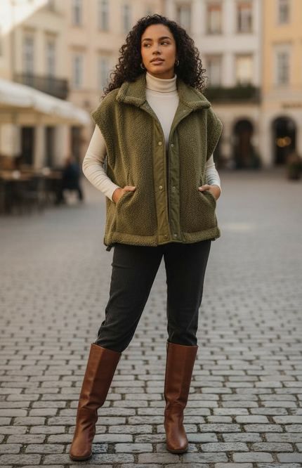 Relaxed Soft Sherpa Sleeveless Jacket - Olive