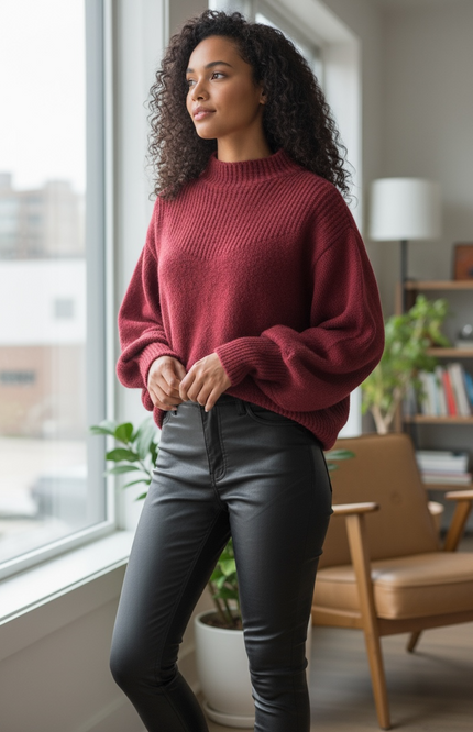 Chic Balloon Sleeve Mock Neck Sweater - Cabernet