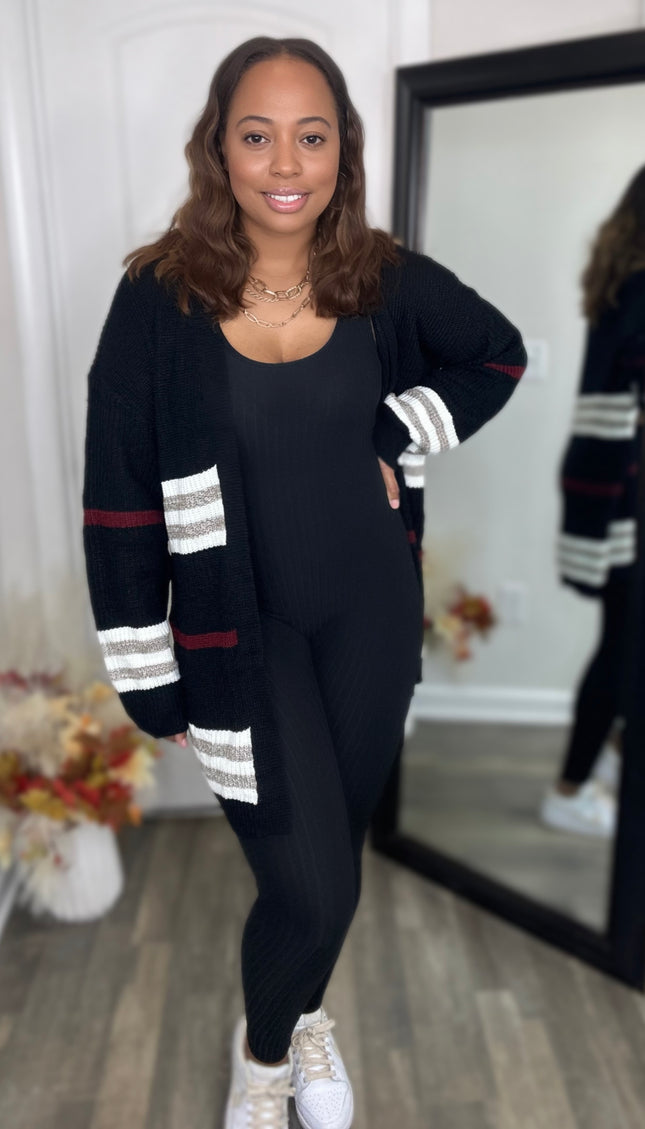 Unmatched Striped Rib-Knit Drop Shoulder Open Front Cardigan