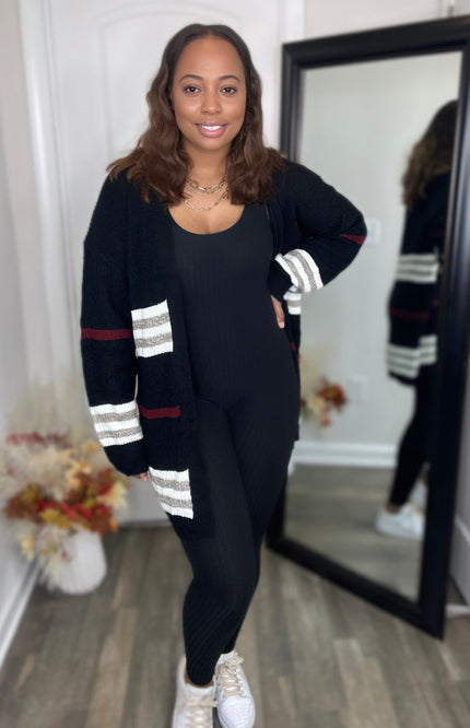 Unmatched Striped Rib-Knit Drop Shoulder Open Front Cardigan