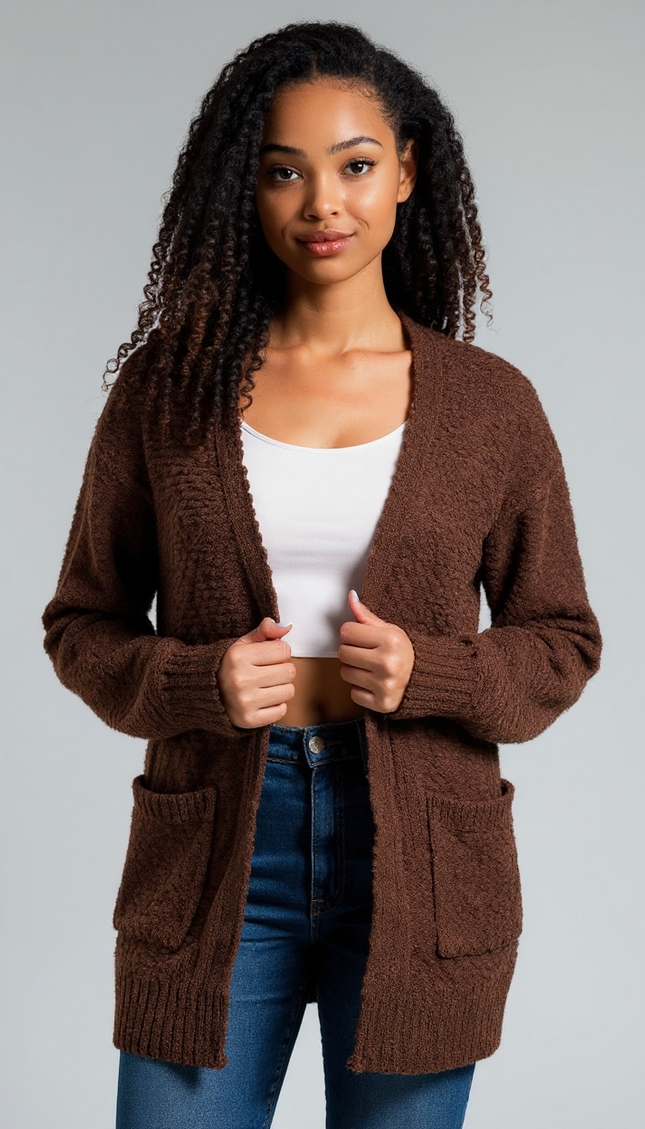 Cozy Long Sleeve Sweater Cardigan with Pockets (Brown)