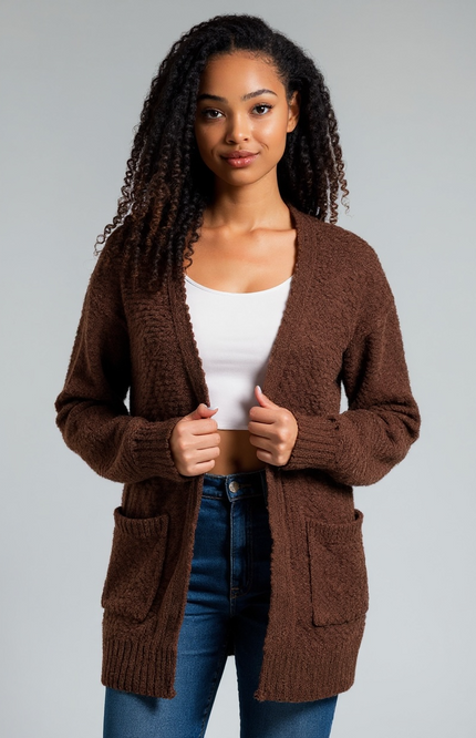 Cozy Long Sleeve Sweater Cardigan with Pockets (Brown)