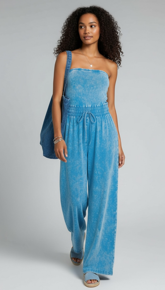 Unmatched Acid Wash Strapless Tube Jumpsuit - Sky