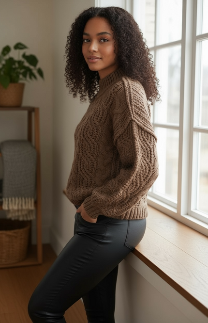 Cozy Cable-Knit Ribbed Turtleneck Sweater - Brown