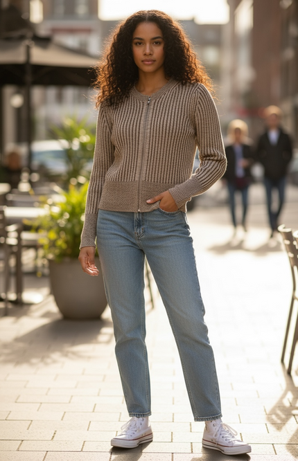 Ribbed Sweater Cardigan - Brown