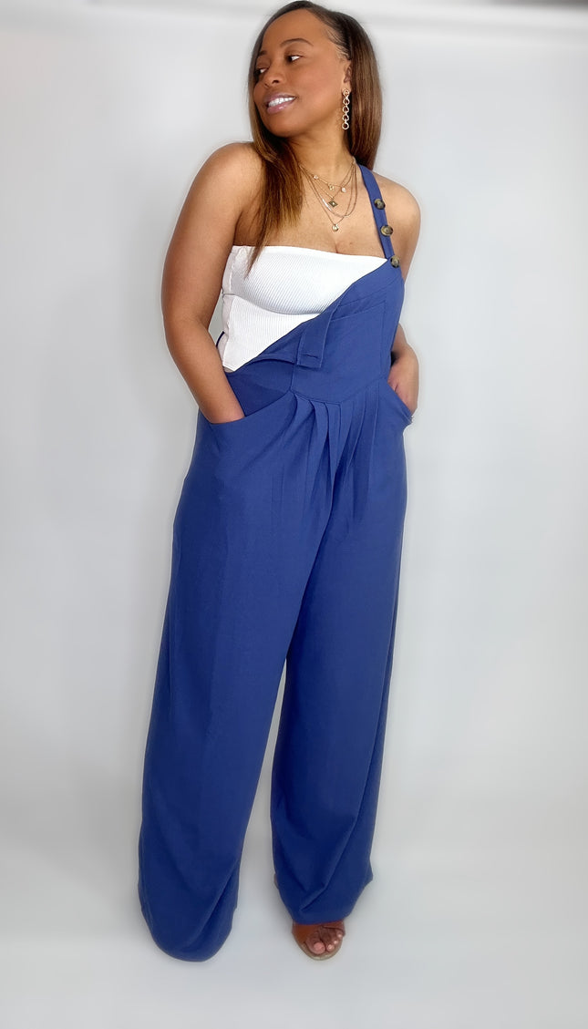 Wide Strap Overalls with Pleated Front Detail and Pockets - Indigo