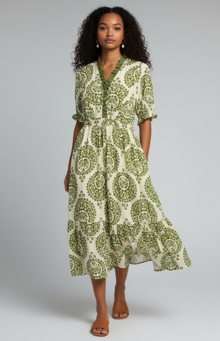 Bohemian Paisley Smocked Waist Midi Dress - Green
