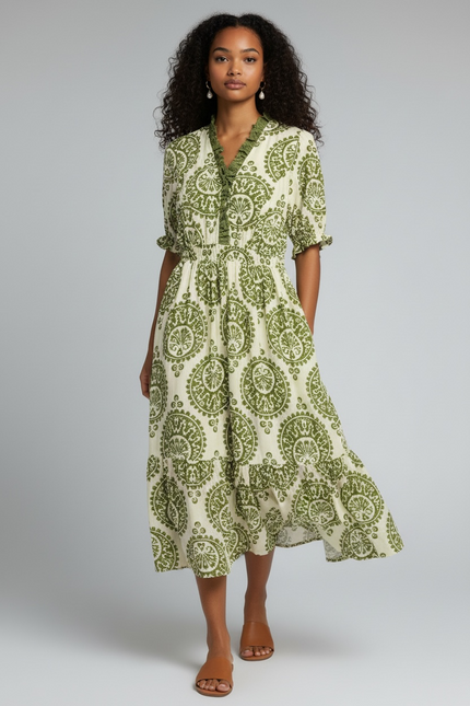 Bohemian Paisley Smocked Waist Midi Dress - Green