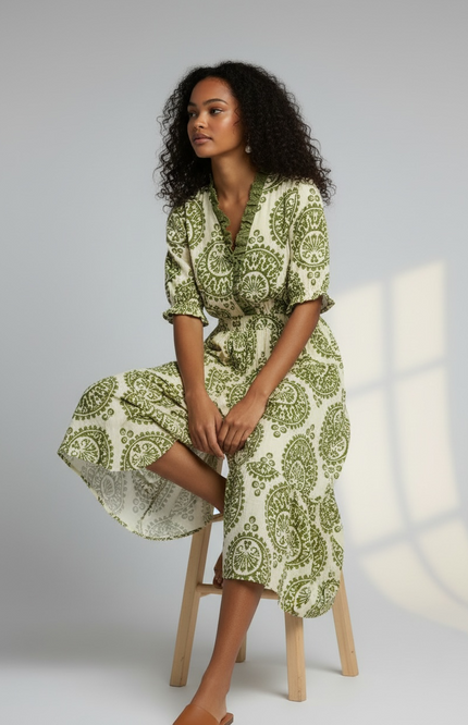 Bohemian Paisley Smocked Waist Midi Dress - Green
