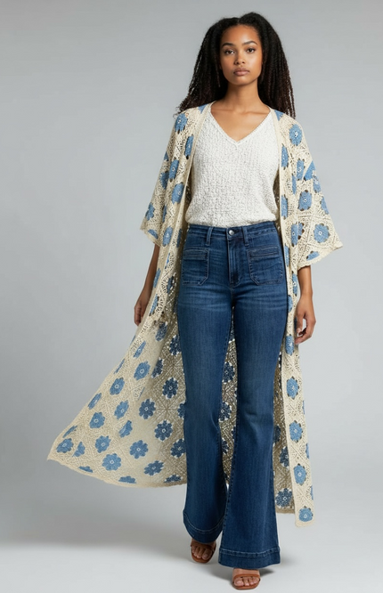 Bohemian Bloom Crochet Cardigan (Natural/Sky)