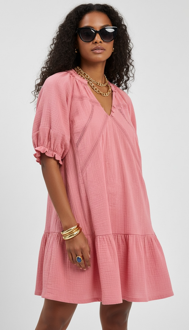 Cotton Gauze Puff Sleeve Mini Dress
 - Blush